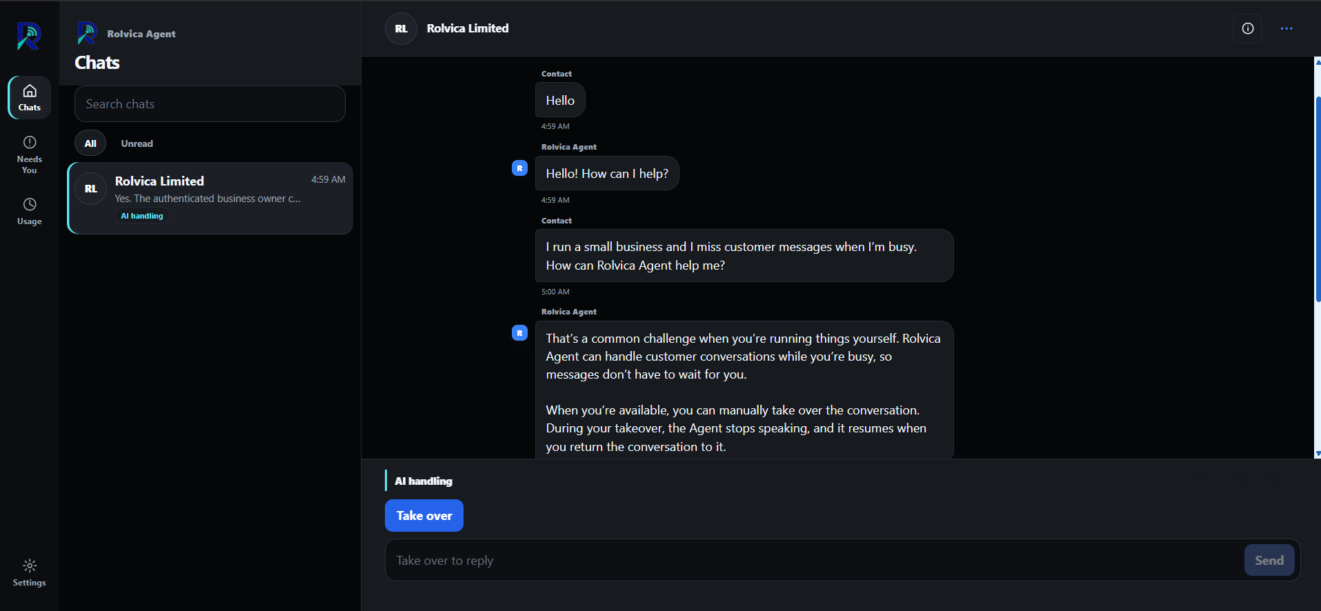 Rolvica Agent Chats workspace showing an AI-handled conversation and Take over control